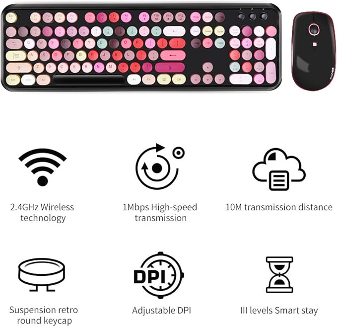 Wireless Keyboard and Mouse | Cute Colorful Keyboard and Mouse with 2.4GHz Cordless Retro Typewriter Keyboard | Auto-Sleep | USB Receiver for Windows PC/Laptop - Black Colorful