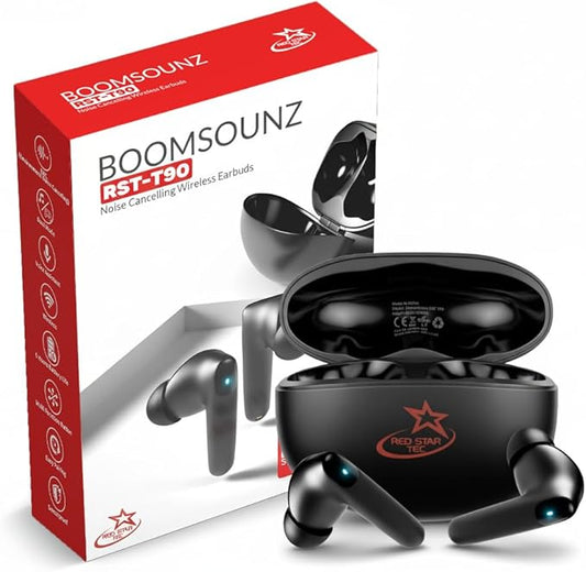T-90 BoomSounZ Sweatproof Wireless Earbuds – ENC Noise Cancelling Ear buds with Dual Mode for Music & Gaming, Deep Bass Touch Controls, Fast Charging Long Battery Life, Secure Fit for Workouts & Calls