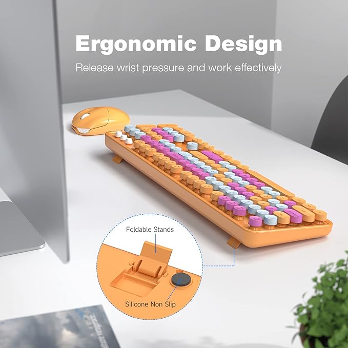 MOFII Wireless Keyboard and Mouse Combo, Retro Keyboard with Round Keycaps, 2.4GHz Dropout-Free Connection, Cute USB Mouse for PC/Laptop/Windows XP/7/8/10 (Orange-Colorful)