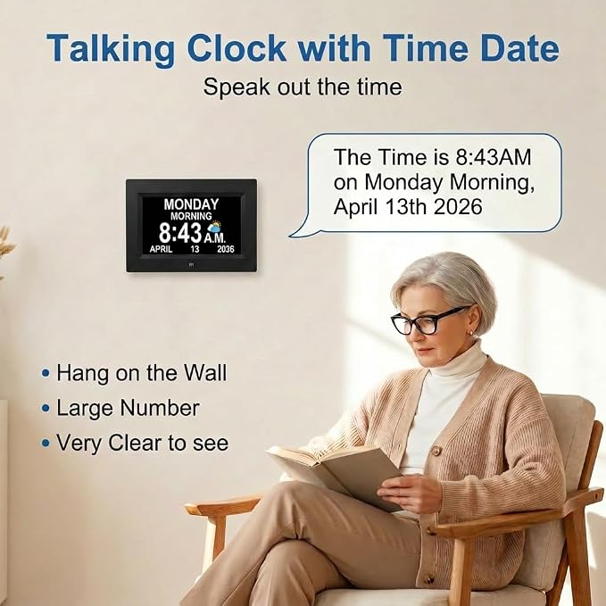 【Upgraded】27 Alarms Digital Talking Clock with Day and Date, Custom Reminders, 1280*800p HD Dsiplay, 10-Levels Dimmer, Auto DST, Sleep Trainer for Elderly Dementia, Voice-Talking with Remote