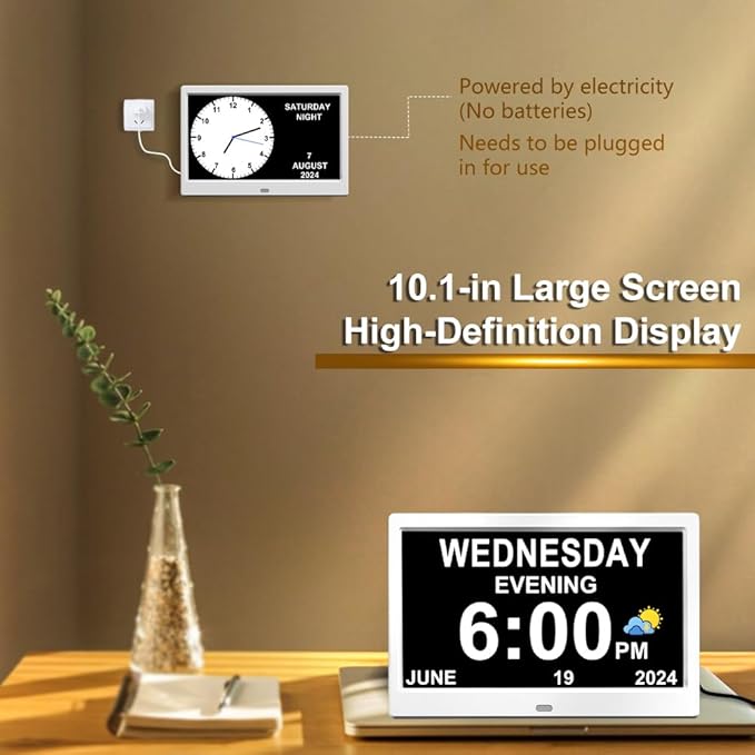 CAZOKASI Extra Large Impaired Vision Digital Alarm Clock with Day and Time for Elderly DST Calendar Clock No Battery Plug-in Power Outage Memory Auto Dimmable Clock (10.1 Inch White)
