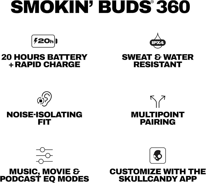 Skullcandy Smokin’ Buds 360 Wireless Earbuds, Bluetooth Headphones, Noise Isolating Fit, Up to 20 Hours Battery, IPX4 Sweat and Water Resistant, Microphone for iPhone Android - Bone