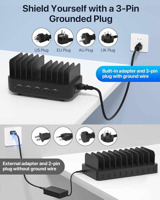 SooPii 100W USB-C Charging Station,10-Port PD Fast Charger,3-Pin Grounded Safety,10pcs Mixed Short Cables Included,Charging Organizer for Phones,Tablets and Other Electronics(Black)