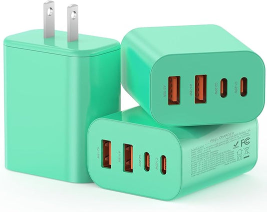 USB C Charger Block, 3-Pack 40W Wall Plug Fast Charging Block, 4-Port PD + QC Power Adapter Type C Charging Blocks Cube, Compatible with iPhone 17/16/15/14/13/12/11/Pro Max, Tablets（Green）