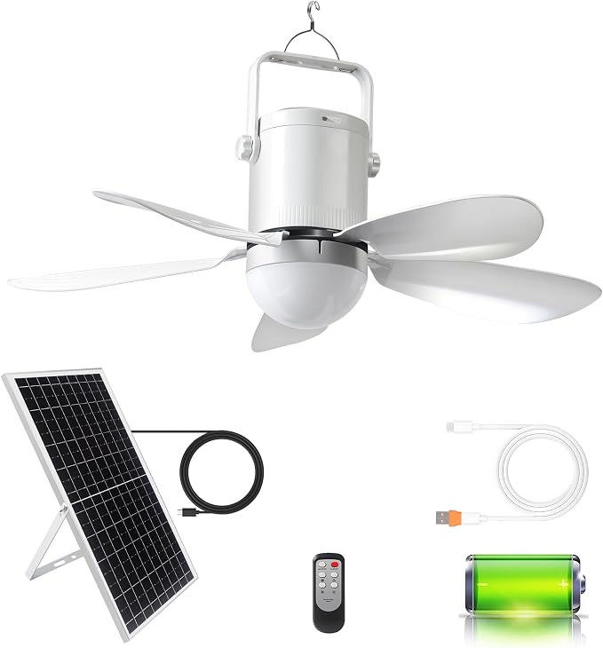 HZZ 17'' Off-Grid Solar Ceiling Fan with Light, 10800mAh Battery, 15W Panel, Low Noise DC Motor, Remote Control, for RV Gazebo Camping Porch Shed
