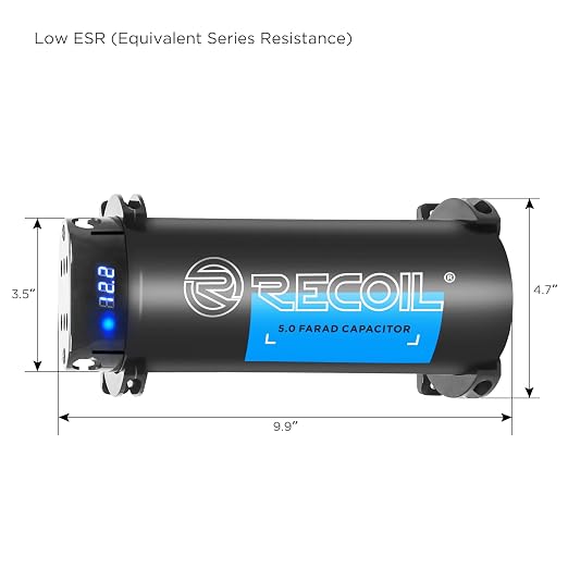 Recoil EC5D 5 Farad 18SV Digital Capacitor Car Audio with Read Out and Built-in Distribution Block for Two Amplifiers