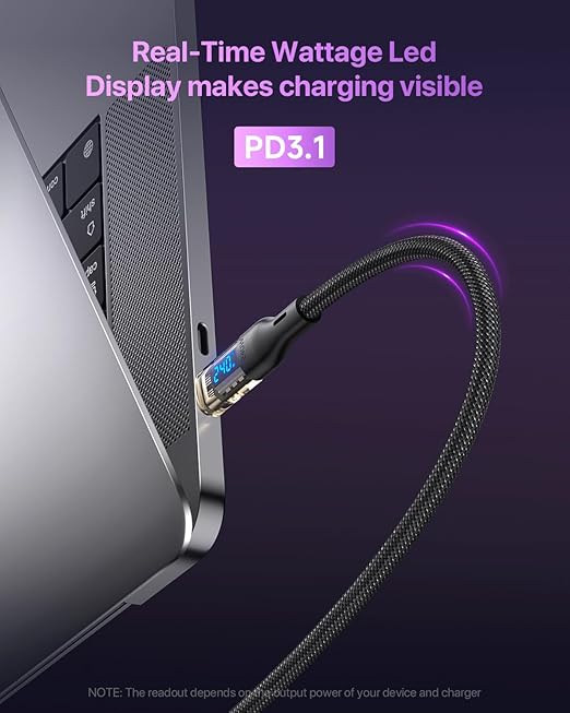 240W USB C to USB C Transparent Cable with LED Display Compatible with 140W 100W Fast Charging for MacBook Pro,lPhone 16/15/15Pro/15ProMax,Galaxy S23+/S23Ultra/S22,10ft,Black