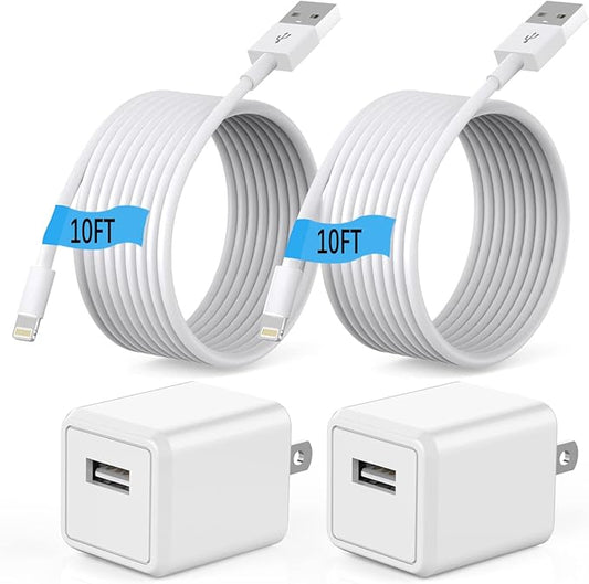 (Apple MFi Certified) iPhone charger 10ft,2Pack 10Foot Long Fast Charging Lightning Cord Cable 2Pack USB Wall Charger Travel Plug Adapter Box for iPhone 14/13/12 Mini/11 Pro Max/10/XS/XR/X/8/7/SE,iPad