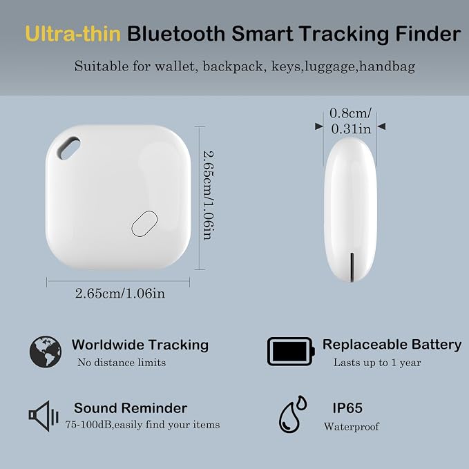 Key Finder & Tracker,Bluetooth Tracker Work with Apple Find My (iOS Only)，Wallet Tracker tag Locator, Item Finder for Keys, Bags, Wallets, Replaceable CR2032 Lithium Batteries - 4Pack