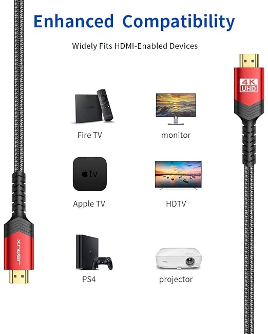 4K Long HDMI Cable 2 Pack 25 ft, JSAUX 18Gbps High Speed HDMI 2.0 Braided Cord, 4K 60Hz HDR, 2K 1440P 144Hz, 1080p, HDCP 2.2, 3D, ARC, Ethernet Compatible with Monitor Smart TV PC PS5 PS4 Blu-ray -Red