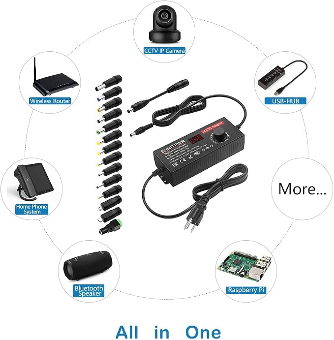 SHNITPWR Universal Power Supply DC 24V 12V 5V 6V 9V 14V 19V Adjustable AC/DC Adapter 100V~240V AC to DC Variable Power Converter Multi-Voltage 4V ~ 24V 6A 144W Power Adapter 14 Tips LCD Display