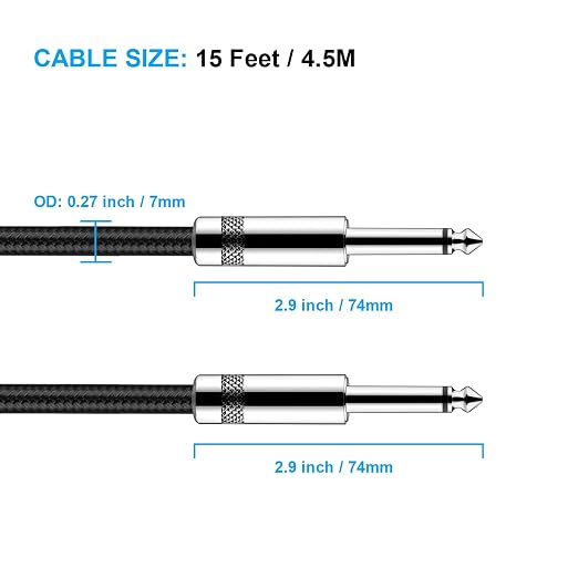 New Bee Guitar Cable 15ft Electric Instrument Cable Bass AMP Cord Straight to Straight for Electric Guitar, Bass Guitar, Electric Mandolin, Pro Audio, Black