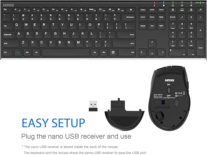 Arteck 2.4G Wireless Keyboard and Mouse Combo Stainless Full Size Keyboard and Ergonomic Mouse with Side Buttons for Computer Desktop PC Laptop and Windows 11/10/8/7 Build in Rechargeable Battery