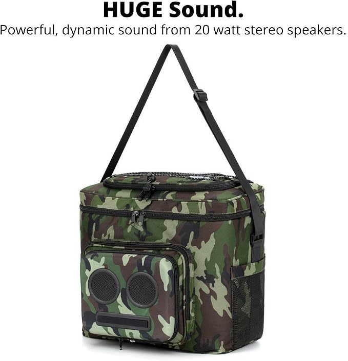 THE #1 Cooler with Speakers on Amazon. 20-Watt Bluetooth Speakers for Parties/Festivals/Boat/Beach. Rechargeable, Works with iPhone & Android (Camo)