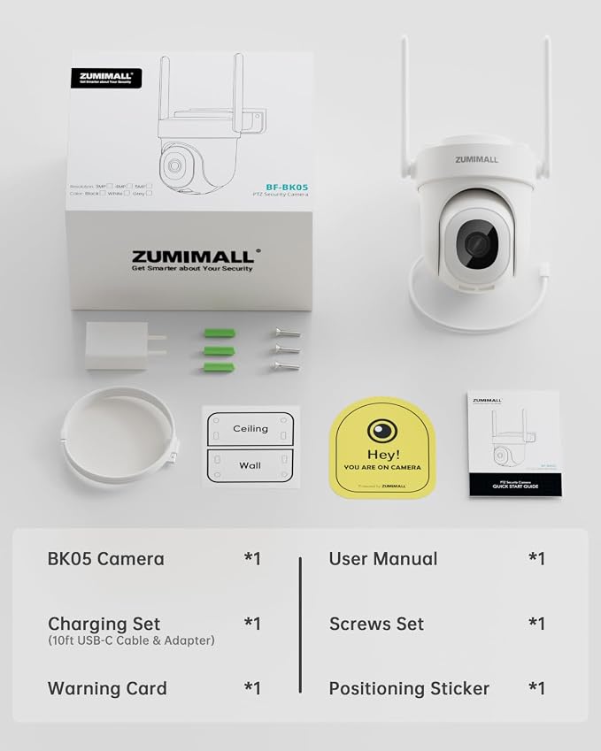 ZUMIMALL 2K 3MP Wired Camera for Home Security, 2.4G/5G WiFi Security Camera Outdoor, 24/7 Recording, AI Motion Detection, Cloud & SD Card Storage, 2-Way Audio, 360° PTZ Auto Tracking, Work with Alexa