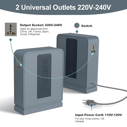 2000W Step Up Transformer 110v to 220v Converter, Heavy Duty Voltage Converter 110v-120v to 220v-240v with Dual Outlets, Overload Protection & Ultra-Quiet for Home Appliances, Grey Blue