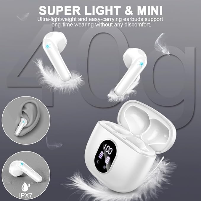 Wireless Earbuds, Bluetooth 5.4 Headphones 50H Playback Bass Stereo Ear Buds with 4 ENC Cancelling Mics, in-Ear Earphones with LED Display, IP7 Waterproof USB-C for Laptop Pad Phones Workout Rose Gold