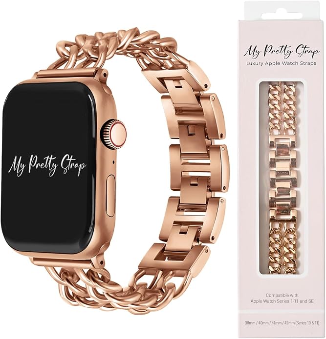 My Pretty Strap - Compatible Apple Watch Band Strap, Stainless Steel Fashion iWatch Replacement Strap- Easy Resizing, No Tool Needed, Fits Most Wrists- Compatible with Series 1-11, SE and Ultra
