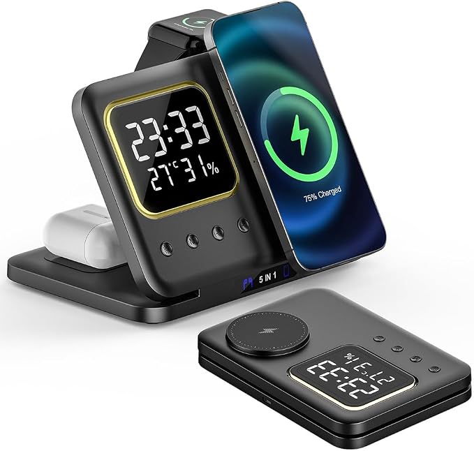 IHAO 5in1 Multi Functional Wireless Charger with Digital Clock 15W Fast Charge Night Light Temperature Display MagSafe Compliant for iPhone iWatch and Qi Headphone-DH13 Black
