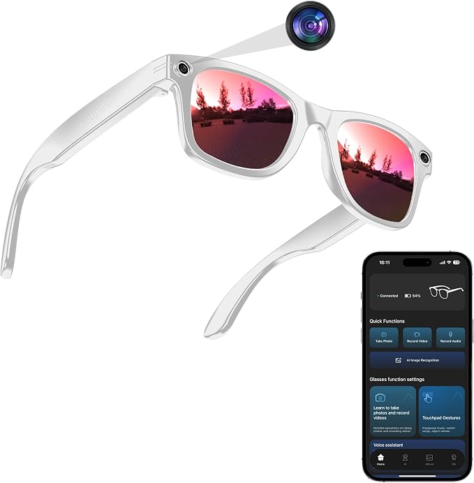 AI Smart Camera Glasses for Men Women, 4K Photography,1080P HD Video Recording,Real-Time Translation, Open-Ear Audio,Voice Assistant, Lightweight (White Frame-Red Lens)