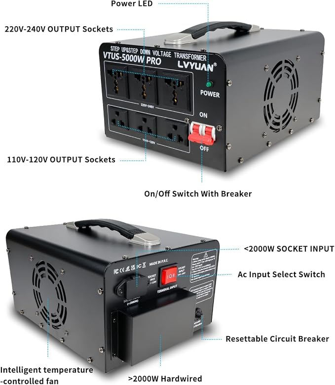 LVYUAN 5000 Watt Voltage Converter Transformer Heavy Duty Step Up Step Down AC 110V/120V/220V/240V Converter with Hard-Wiring