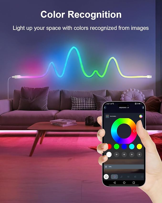 LED Neon Rope Lights, 6.5ft RGBIC 360° Luminous 5v USB Bluetooth APP Control Music Sync IR Remote Color Changing Smart LED Strip Lights for Bedroom Gaming Party Decor