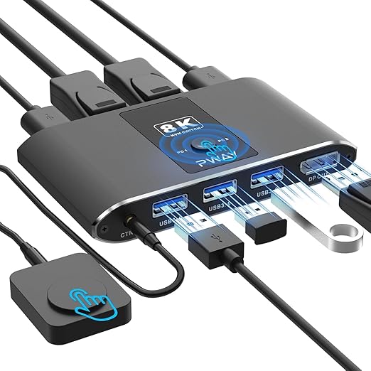 KVM Switch 1 Monitor 2 Computer DisplayPort,DP 1.4 & 3 USB 3.0 Ports (3 USB-A), Supports 8K@60Hz, Control 2 PCs Sharing 1 Monitor & USB Devices, Wired Remote and Button Switch, Adaptive EDID