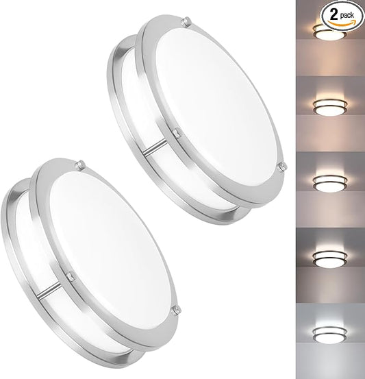 2 Pack Brushed Nickel Ceiling Light, 10 Inch LED Ceiling Light Fixture for Bathroom,17W, 2700K/3000K/3500K/4000K/5000K Adjustable Ceiling Lighting for Bedroom Kitchen Hallway Living Room