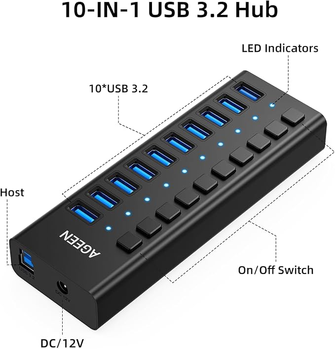 AGEEN 10-Port USB 3.2 Gen 2 Hub, 10Gbps High-Speed Aluminum Powered Hub with 48W Adapter, Individual Switches & Surge Protection for PC/Laptop, Flash Drive, Printer, Camera
