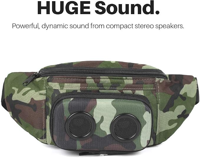 Fannypack with Speakers. Bluetooth Fanny Pack for Parties/Festivals/Raves/Beach/Boats. Rechargeable, Works with iPhone & Android. (Camo)