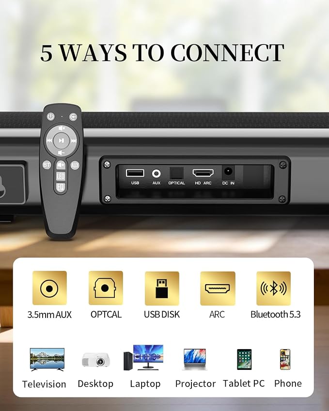 Sound Bar for Smart TV, Sound Bar, Bluetooth Sound bar, with Optical/AUX/HD ARC, Surround Sound Speakers, Surround Sound System for TV/PC/Gaming/Projectors, Wall Mountable PC Soundbar