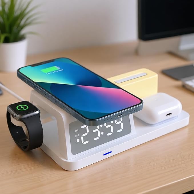 IHAO 6in1Digital Alarm Clock with Wireless Charging Station Night Light 15W Fast Charging for Qi Phone Headphone Bracket for iWatch Charger LED Display Dimmable Brightness-HT309 Black