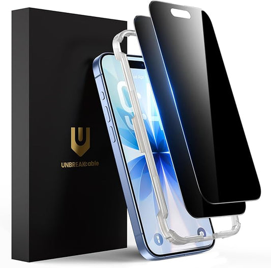 UNBREAKcable Privacy Screen Protector for iPhone 17, Shatterproof Tempered Glass [True 28°Anti Spy] [9H Hardness] [Easy Installation Frame] Private Protector for iPhone 6.3inch-2 Pack