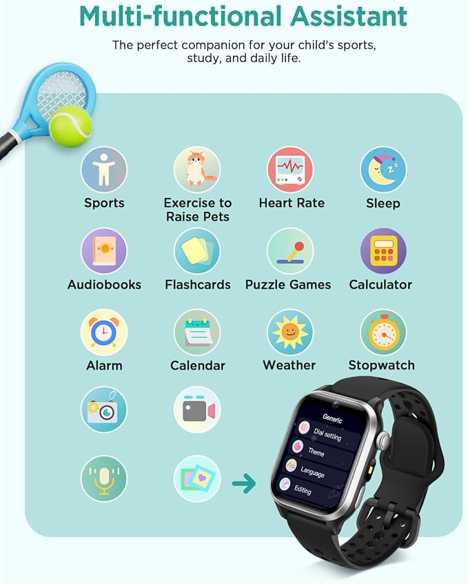 Kids Smart Watch, No App or Phone Needed, Fitness Tracker Watch, Heart Rate, Workout Tracker, IP68 Waterproof, Sleep Monitor, Puzzle Games for Boys Girls Ages 4-12, Black