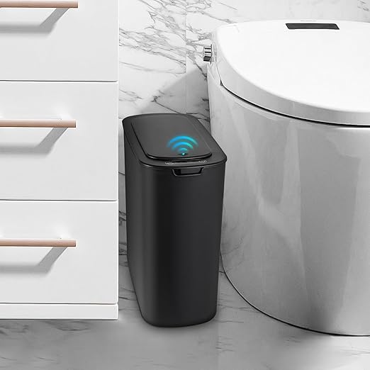 Cesun Automatic Motion Sensor Black Bathroom Trash Can with Lid, 2.6 Gallon Touchless Trash Bin, Smart Plastic Slim Garbage Can Small Wastebasket for Toilet, Office, rv, Bedroom, Living Room