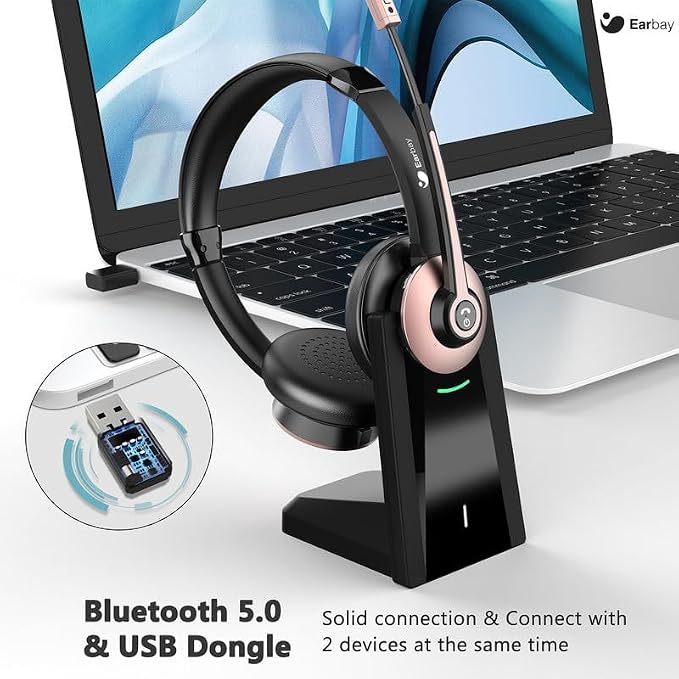 Earbay Wireless Headset, Bluetooth Headphones with Microphone Noise Canceling & Mute, Wireless Headset with Mic & USB Dongle/Charge Dock for Computer Phone Remote Work Office Call Center Teams