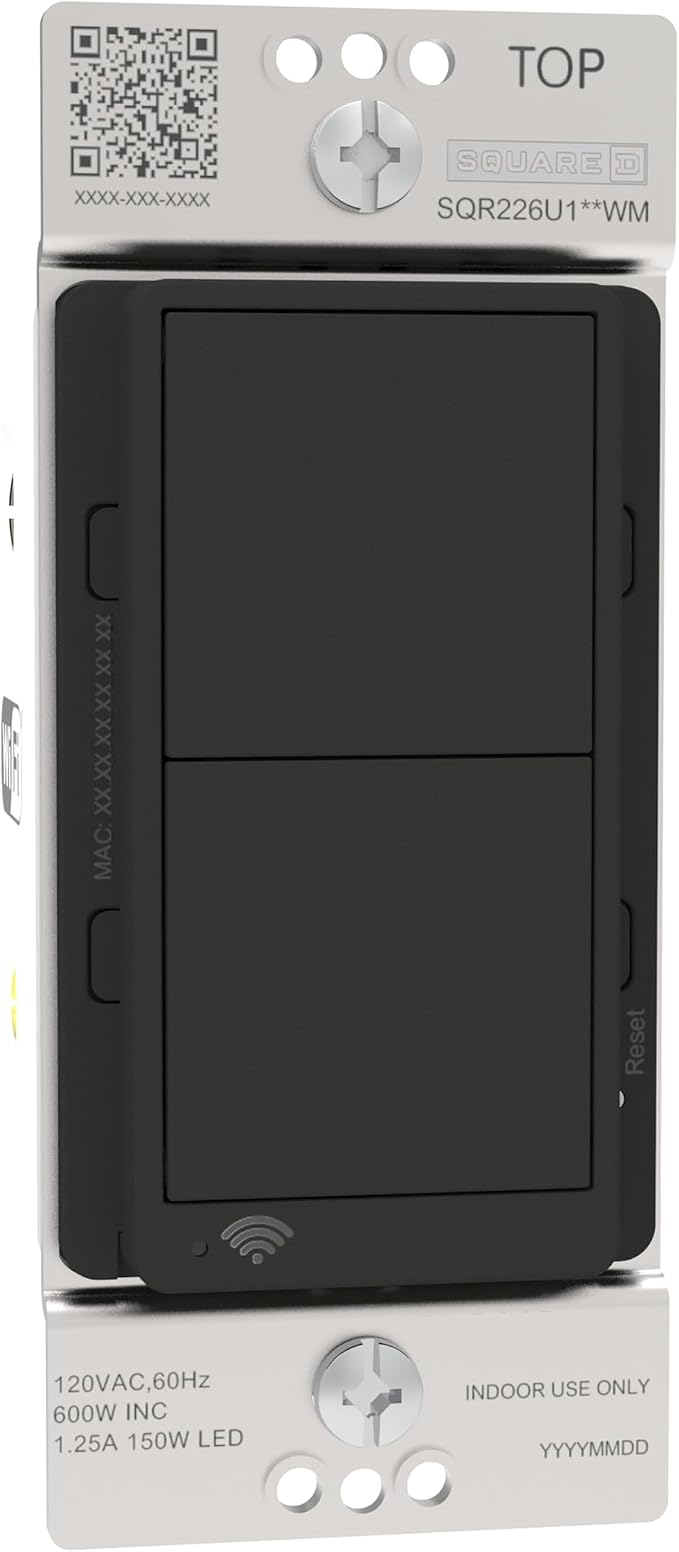 Square D by Schneider Electric X Series 15 Amp WiFi Energy Monitoring Light Switch, Single-Pole/3-way, 600 Watt, Rocker, Matter Certified, Works with Alexa, Google Home, Apple Home, Matte Black