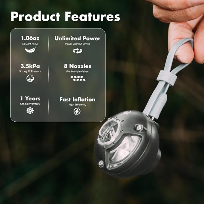 AeroX Ultralight USB-C Air Pump for Inflatables: 1oz Mini Electric Pump, 300L/min, 3.5kPa, 8 Nozzles for Camping, Travel, Pool Floats, Vacuum Bags