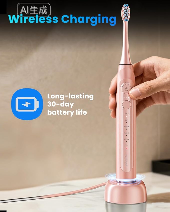 Onlyone Electric Toothbrush for Adults, Rechargeable Electric Toothbrush with 8 Brush Heads, Travel Case, Charging Base & Wireless Charging - 5 Modes with Smart Timer, Pink