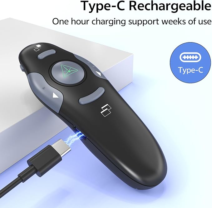 Presentation Clicker with Case Storage Wireless Presenter Remote USB Type C Rechargeable Green Laser Pointer PowerPoint Clickers for Computer Mac Project PPT Slideshow Google Slide Advancer