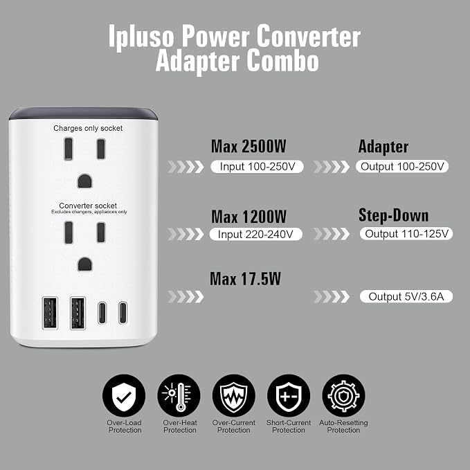 Voltage Converter Us to Europe, Power Converter Combo, 220v to 110v European Plug Converter 2300w Travel Adapter Worldwide, Step Down European, Travel Adapter Worldwide