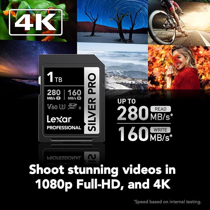 Lexar 1TB Professional Silver PRO SD Card, UHS-II, C10, U3, V60, Full HD, 4K, Up To 280MB/s Read SDXC Memory Card, For Professional Photographer, Videographer, Enthusiast (LSDSIPR001T-BNNNG)