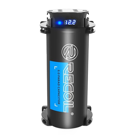Recoil EC5D 5 Farad 18SV Digital Capacitor Car Audio with Read Out and Built-in Distribution Block for Two Amplifiers