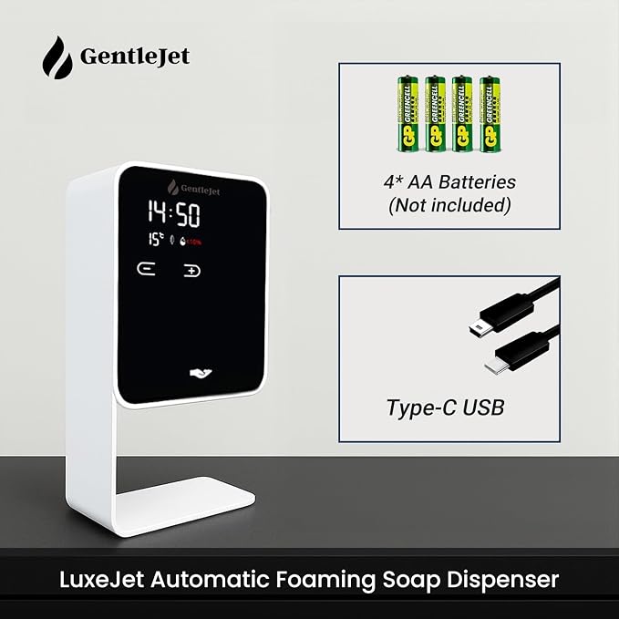 GentleJet LuxeJet Automatic Foaming Soap Dispenser Touchless Sensor, LED Display, 5 Foam Levels, Wall Mount or Countertop, Rechargable USB-C or Battery Powered, Aluminum Alloy, 480 ml Refillable
