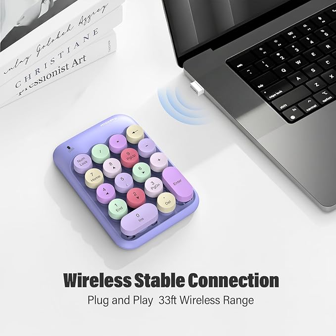 MOFII Cute Colorful Wireless Number Pad - 18 Keys, Portable 2.4 GHz with Stable Wireless Connectivity, 10-Key Financial Accounting Extension (Purple Colorful)