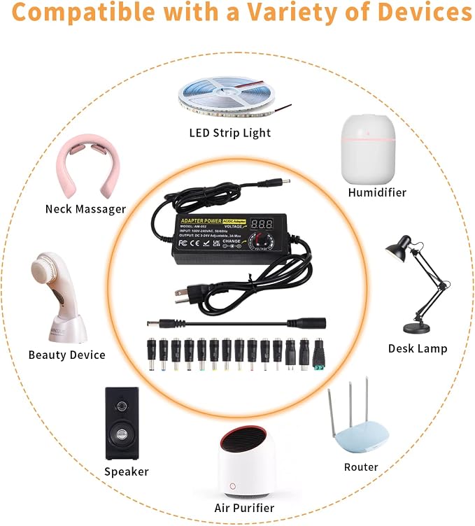 3V ~ 24V 3A 72W Power Supply Adjustable 3V 5V 6V 9V 12V 15V 16V 18V 19V 20V 24V Universal VariableAC/DC Adapter 100V-240V AC to DC Converter with 14 Tips for LED Strip Light Speaker Router