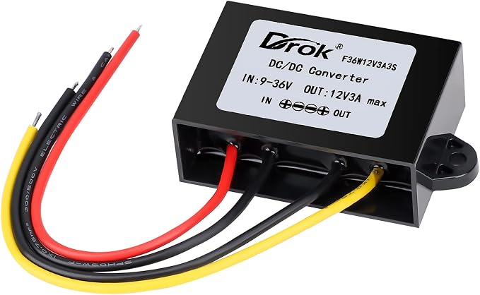 DROK Boost Buck Converter 9V-36V to 12V 3A 36W Plastic Shell Waterproof Auto Step Up Down Voltage Regulator 12V Volt Transformer for Car Audio Solar Power System LCD Television LED Display Screen