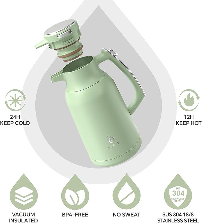 IDEUS Thermal Coffee Carafe, Stainless Steel Double Wall Insulated Vacuum Flask, Water Jug Coffee Server and Beverage Dispenser, Heat and Cold Retention (Avocado, 68, Fluid Ounces)