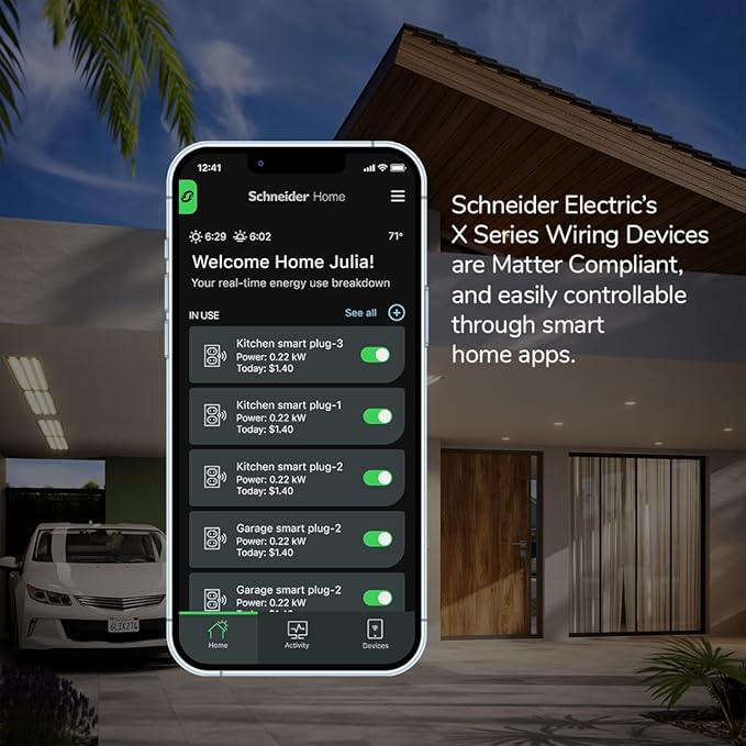 Square D by Schneider Electric X Series 15A 125V Wi-Fi Energy Monitoring Socket Outlet, Tamper Resistant, Matter Certified, Works with Alexa, Google Home, Apple Home, Matte Light Almond