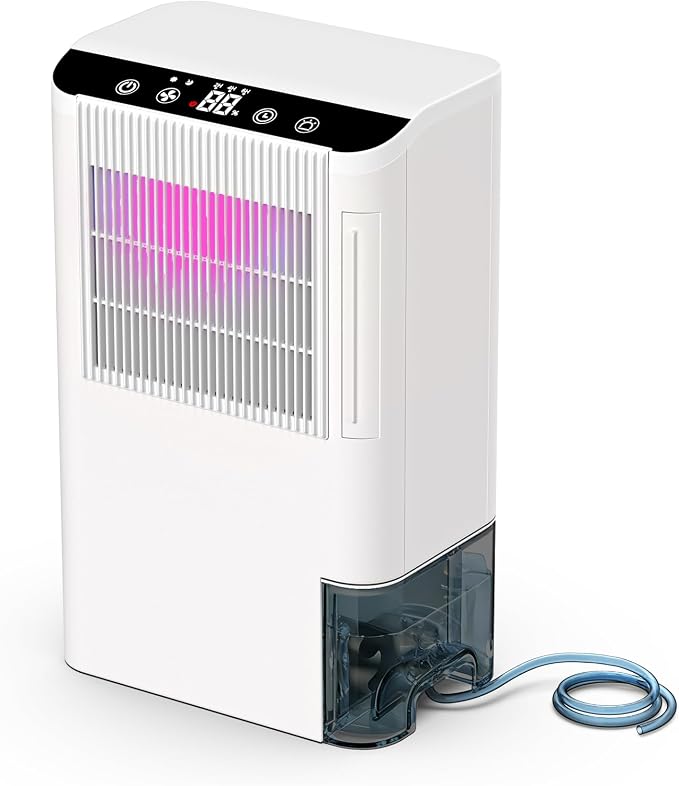 Dehumidifiers for Home, 2000 Sq.Ft Small Dehumidifier with 3.3ft Drain Hose, 2.5L Tank, Timer Sleep Mode, Portable Dehumidifier for Basement, Bedroom, Bathroom (Pearl White)